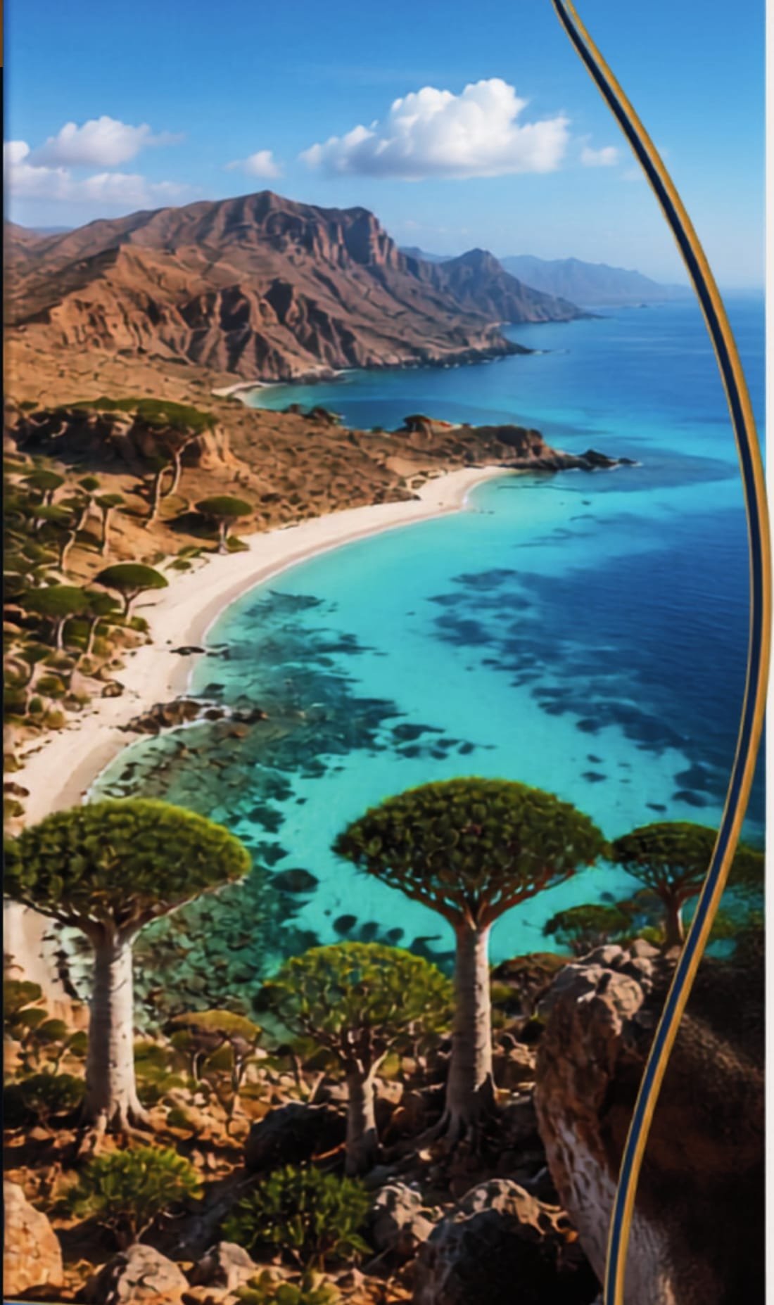 Socotra's coastline — dragon blood trees above a turquoise bay