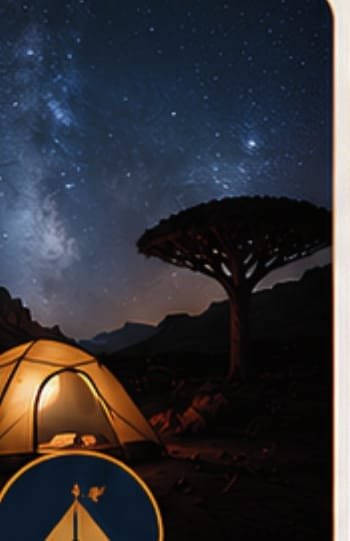 Glowing tent under a starry sky beside a dragon blood tree