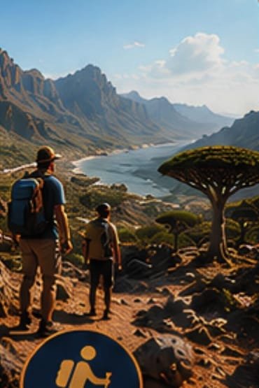 Hikers overlooking the Socotra coastline