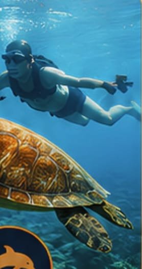 Sea turtle and snorkeler in Socotra's clear waters